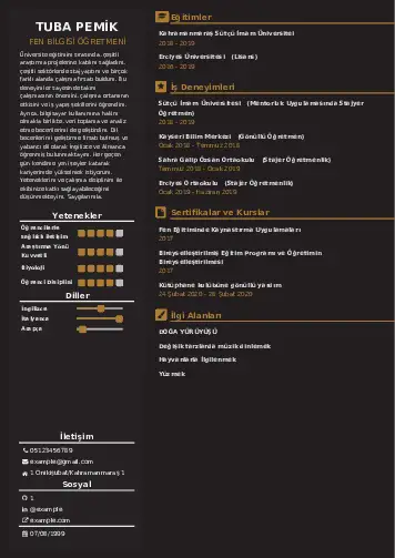 Fen Bilgisi Öğretmeni CV Örnekleri cv indir